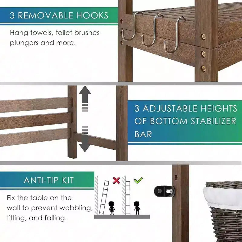 Étagère de Rangement pour Salle de Bain Au-dessus des Toilettes Meuble de Rangement WC sur Pied Gain de Place 3 Niveaux Étagères Réglables Noyer