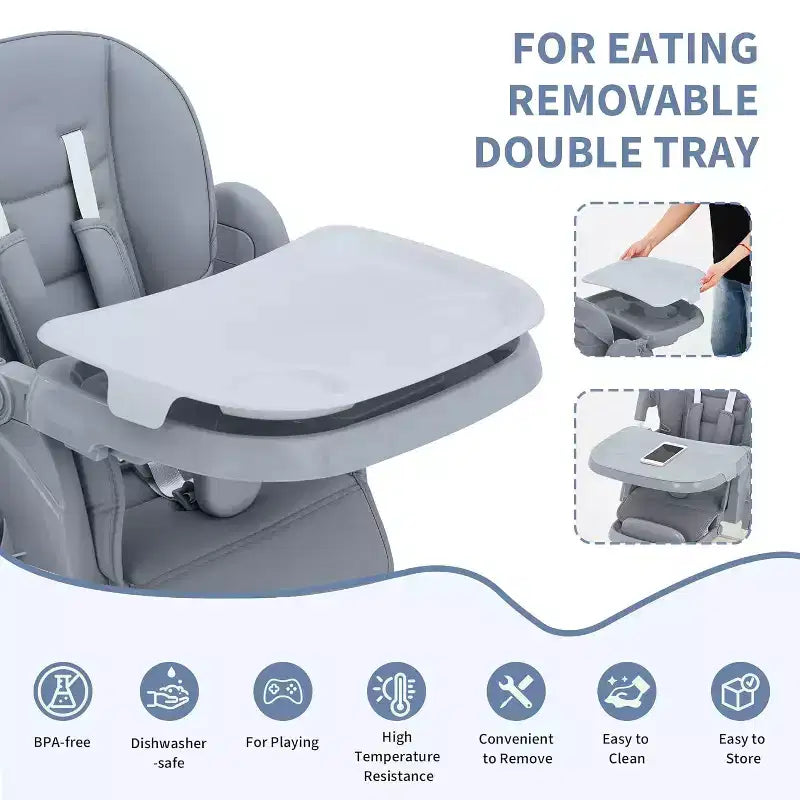 Chaise Haute Pliable Compacte pour Bébé - 7 Hauteurs, Harnais 5 Points, Repose-Pieds Réglable & Coussin PU (6-36M)