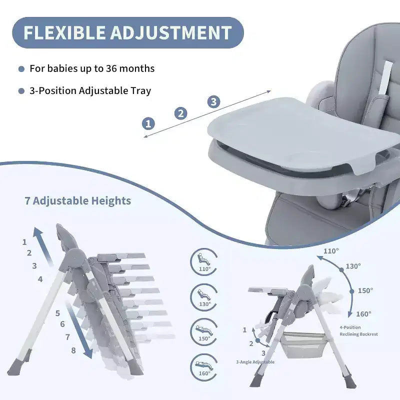 Chaise Haute Pliable Compacte pour Bébé - 7 Hauteurs, Harnais 5 Points, Repose-Pieds Réglable & Coussin PU (6-36M)