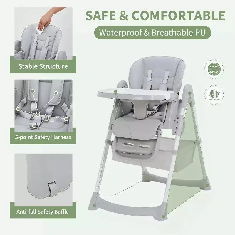 Chaise Haute Pliable Compacte pour Bébé - 7 Hauteurs, Harnais 5 Points, Repose-Pieds Réglable & Coussin PU (6-36M)