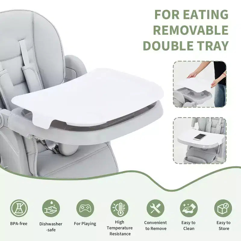 Chaise Haute Pliable Compacte pour Bébé - 7 Hauteurs, Harnais 5 Points, Repose-Pieds Réglable & Coussin PU (6-36M)