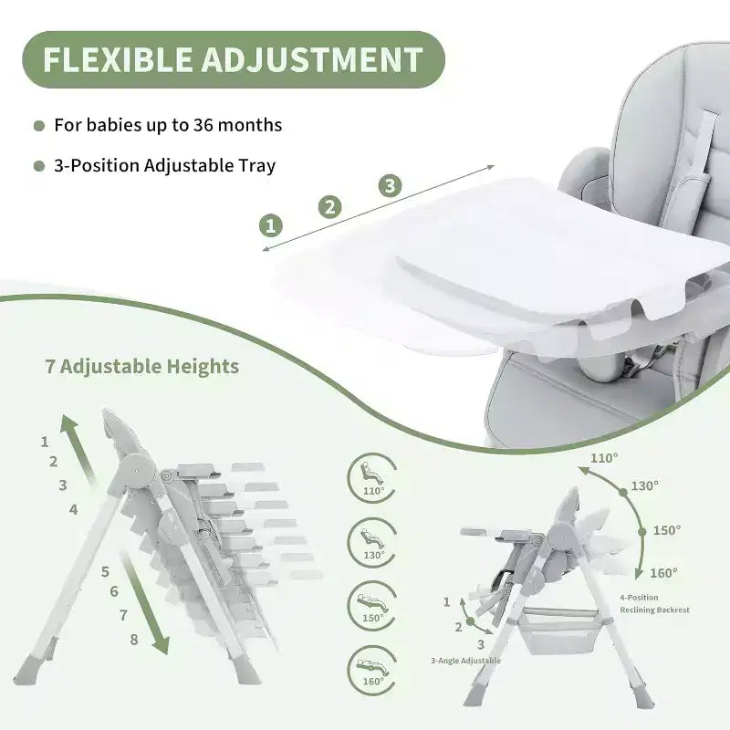 Chaise Haute Pliable Compacte pour Bébé - 7 Hauteurs, Harnais 5 Points, Repose-Pieds Réglable & Coussin PU (6-36M)