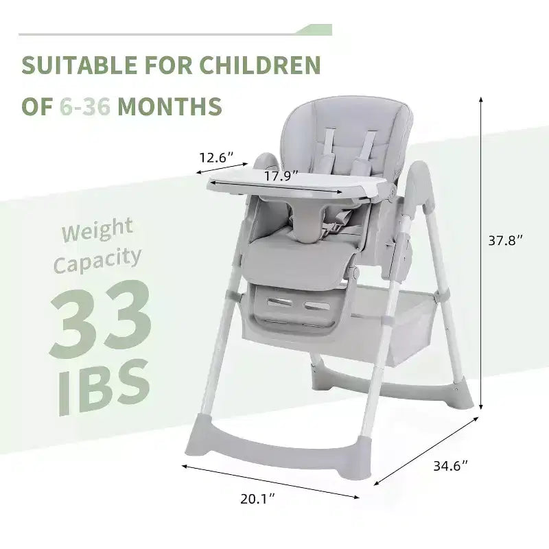Chaise Haute Pliable Compacte pour Bébé - 7 Hauteurs, Harnais 5 Points, Repose-Pieds Réglable & Coussin PU (6-36M)