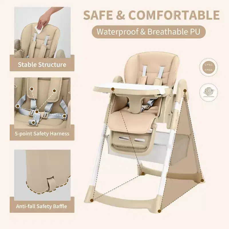 Chaise Haute Pliable Compacte pour Bébé - 7 Hauteurs, Harnais 5 Points, Repose-Pieds Réglable & Coussin PU (6-36M)