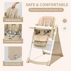 Chaise Haute Pliable Compacte pour Bébé - 7 Hauteurs, Harnais 5 Points, Repose-Pieds Réglable & Coussin PU (6-36M)