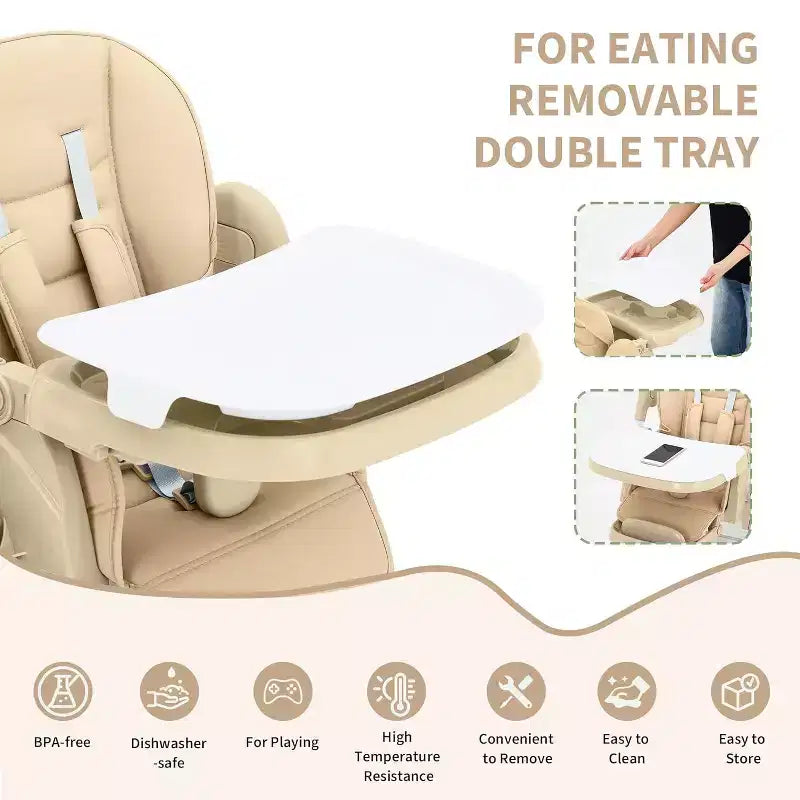 Chaise Haute Pliable Compacte pour Bébé - 7 Hauteurs, Harnais 5 Points, Repose-Pieds Réglable & Coussin PU (6-36M)