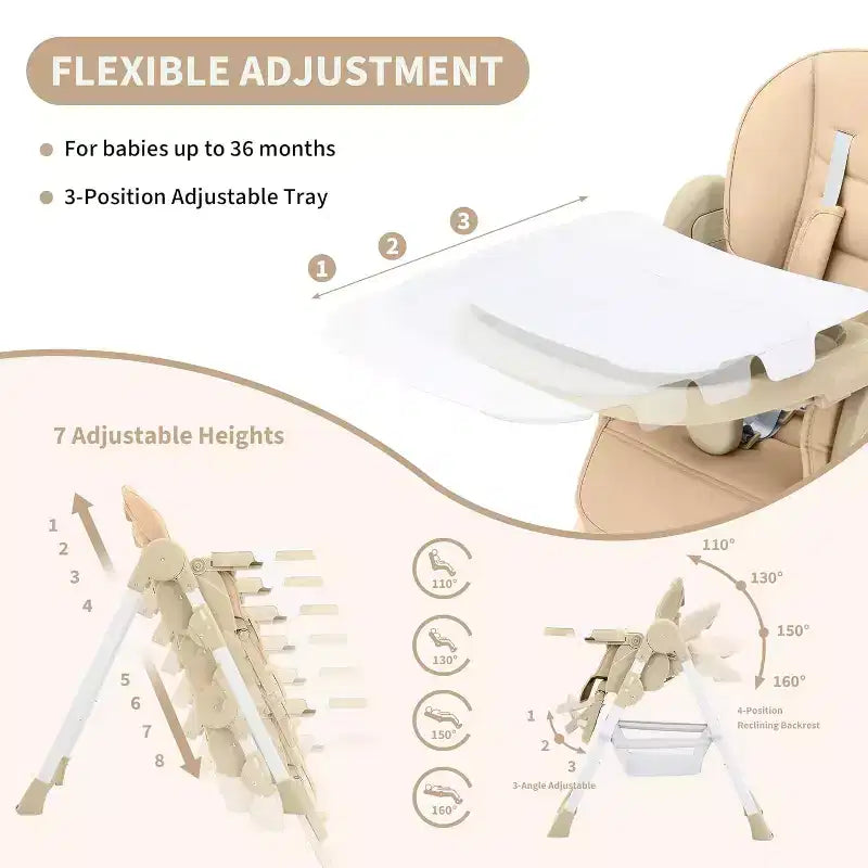Chaise Haute Pliable Compacte pour Bébé - 7 Hauteurs, Harnais 5 Points, Repose-Pieds Réglable & Coussin PU (6-36M)