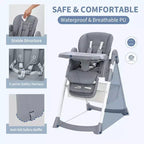 Chaise Haute Pliable Compacte pour Bébé - 7 Hauteurs, Harnais 5 Points, Repose-Pieds Réglable & Coussin PU (6-36M)