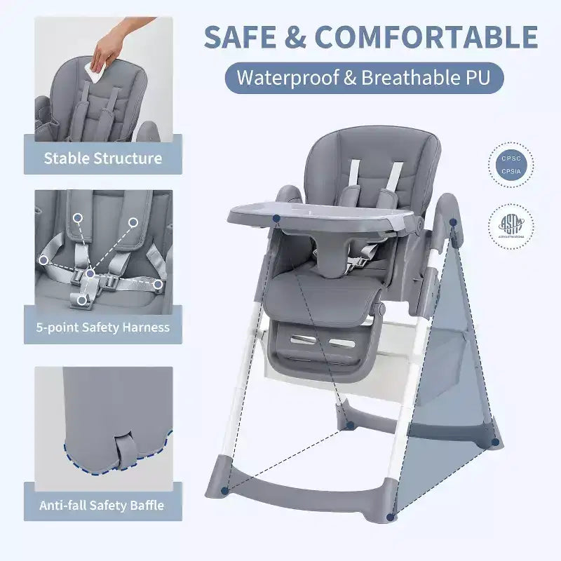 Chaise Haute Pliable Compacte pour Bébé - 7 Hauteurs, Harnais 5 Points, Repose-Pieds Réglable & Coussin PU (6-36M)