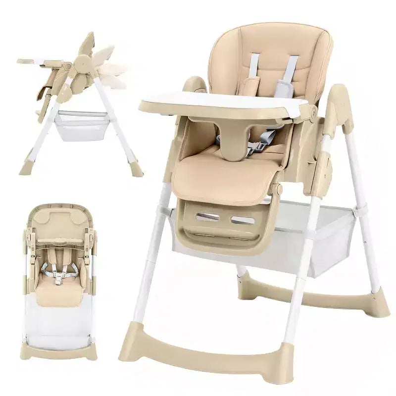 Space-Saving Foldable Baby High Chair - 7-Seat Height, 5-Point Harness, Adjustable Footrest & PU Cushion (6-36M)