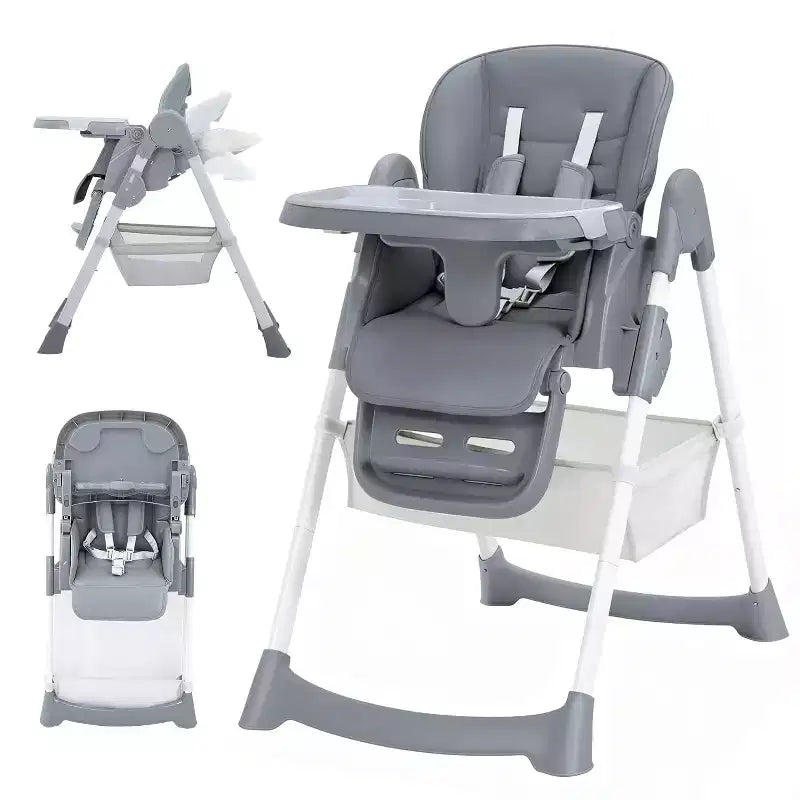Chaise Haute Pliable Compacte pour Bébé - 7 Hauteurs, Harnais 5 Points, Repose-Pieds Réglable & Coussin PU (6-36M)