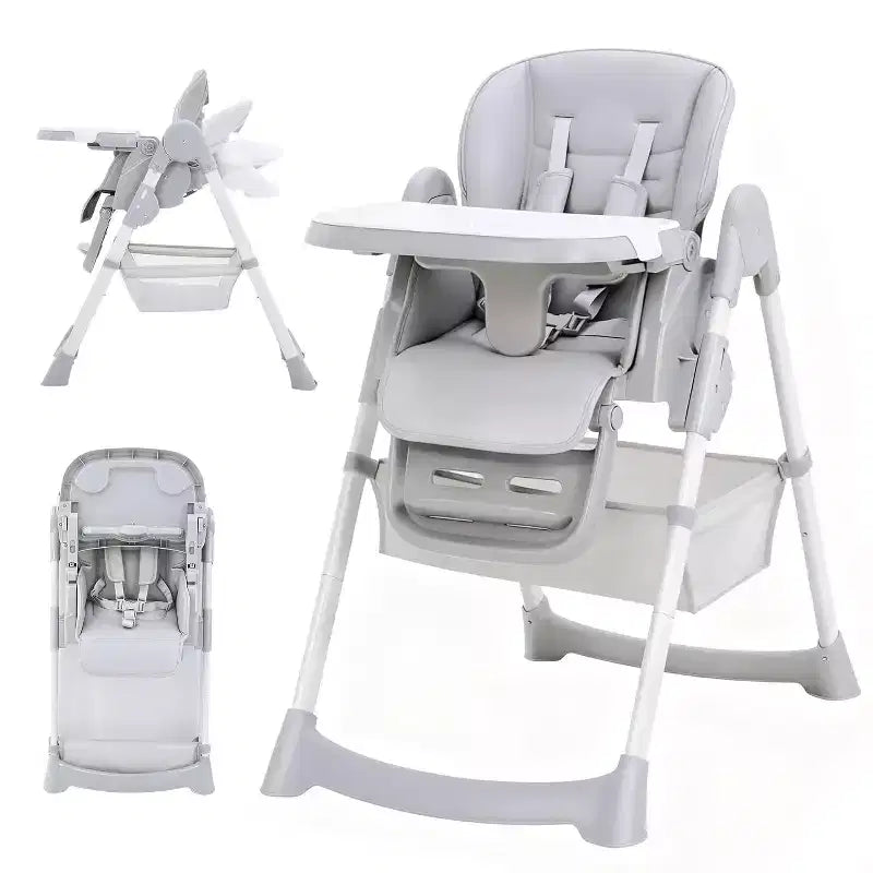 Chaise Haute Pliable Compacte pour Bébé - 7 Hauteurs, Harnais 5 Points, Repose-Pieds Réglable & Coussin PU (6-36M)