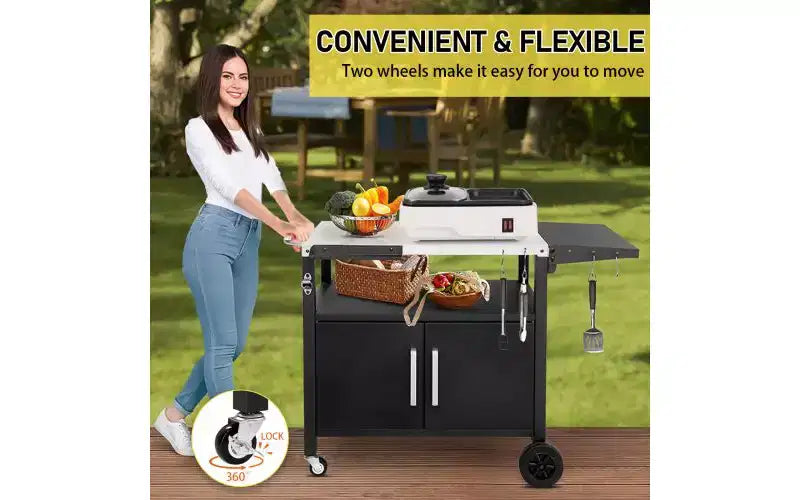 Chariot de barbecue roulant Karl Home Outdoor avec rangement, roues, crochets et plateau pliable