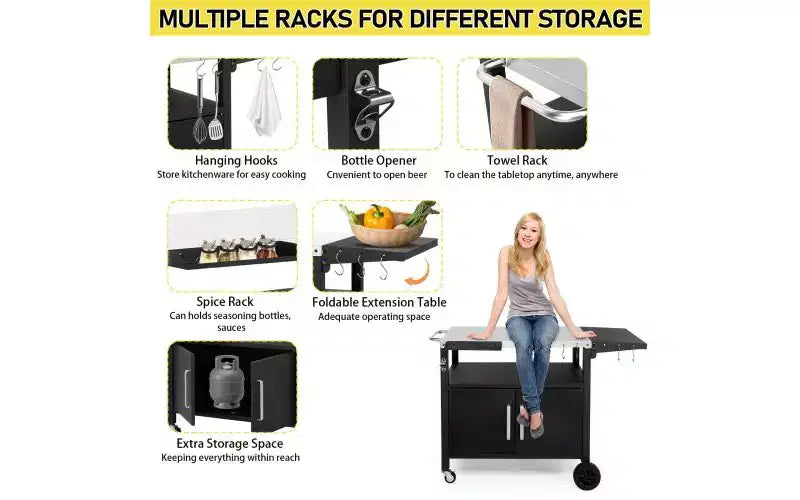 Chariot de barbecue roulant Karl Home Outdoor avec rangement, roues, crochets et plateau pliable