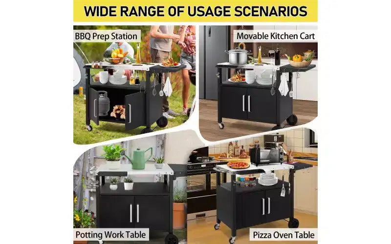 Chariot de barbecue roulant Karl Home Outdoor avec rangement, roues, crochets et plateau pliable