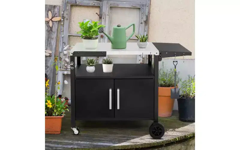 Chariot de barbecue roulant Karl Home Outdoor avec rangement, roues, crochets et plateau pliable