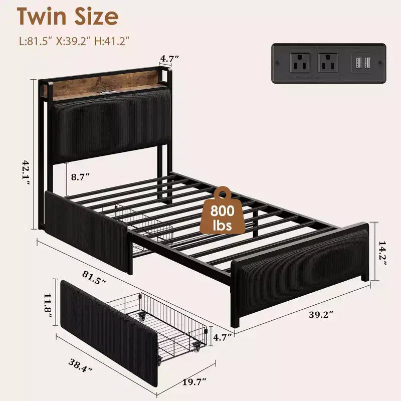 Cadre de lit plateforme en bois double avec tête de lit et 2 tiroirs de rangement, sommier tapissier non requis, pour enfants, adolescents ou adultes