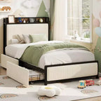 Twin Size Wood Platform Bed Frame with Headboard and 2 Storage Drawers, No Box Spring Needed, for Kids, Teens or Adults