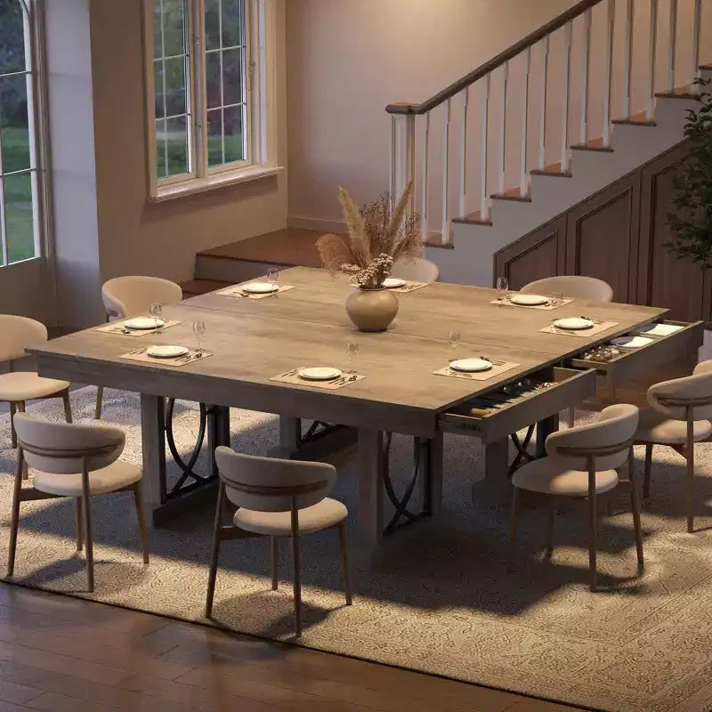 Table de salle à manger pour 6-8 personnes avec 2 tiroirs, Table de cuisine en bois avec double pied et grand plateau, Grande table à manger rectangulaire de 2,4 m avec cadre robuste