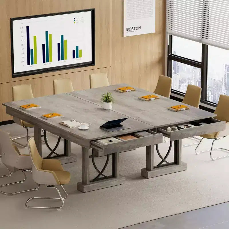 Table de salle à manger pour 6-8 personnes avec 2 tiroirs, Table de cuisine en bois avec double pied et grand plateau, Grande table à manger rectangulaire de 2,4 m avec cadre robuste