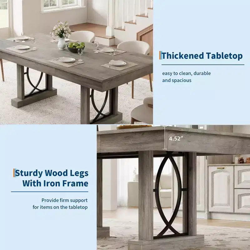 Table de salle à manger pour 6-8 personnes avec 2 tiroirs, Table de cuisine en bois avec double pied et grand plateau, Grande table à manger rectangulaire de 2,4 m avec cadre robuste