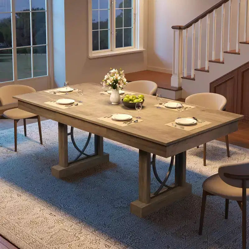 Table de salle à manger pour 6-8 personnes avec 2 tiroirs, Table de cuisine en bois avec double pied et grand plateau, Grande table à manger rectangulaire de 2,4 m avec cadre robuste
