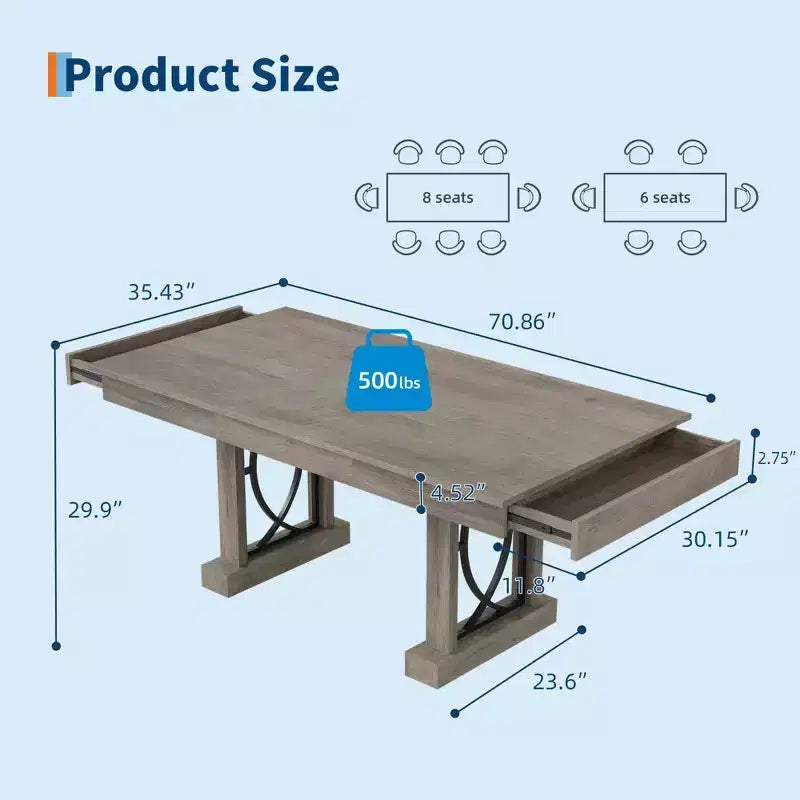 Table de salle à manger pour 6-8 personnes avec 2 tiroirs, Table de cuisine en bois avec double pied et grand plateau, Grande table à manger rectangulaire de 2,4 m avec cadre robuste