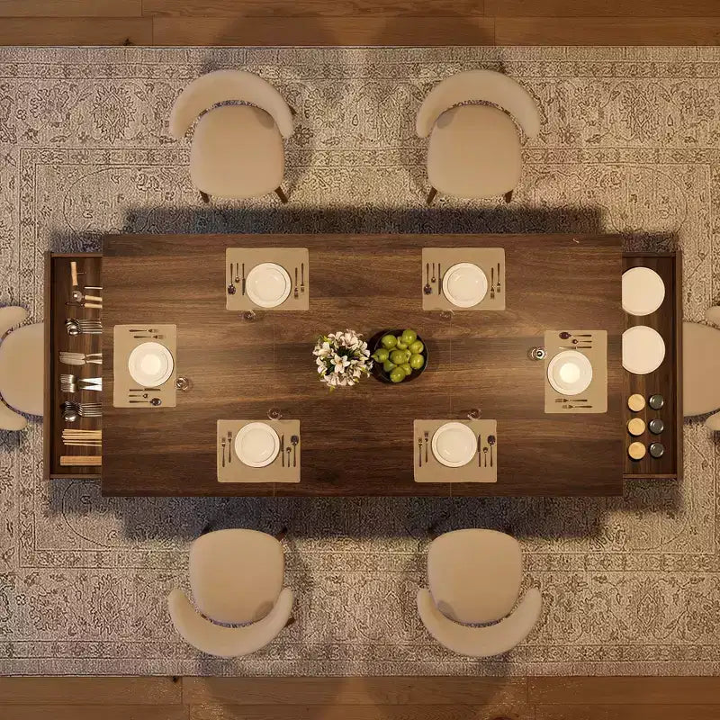 Table de salle à manger pour 6-8 personnes avec 2 tiroirs, Table de cuisine en bois avec double pied et grand plateau, Grande table à manger rectangulaire de 2,4 m avec cadre robuste