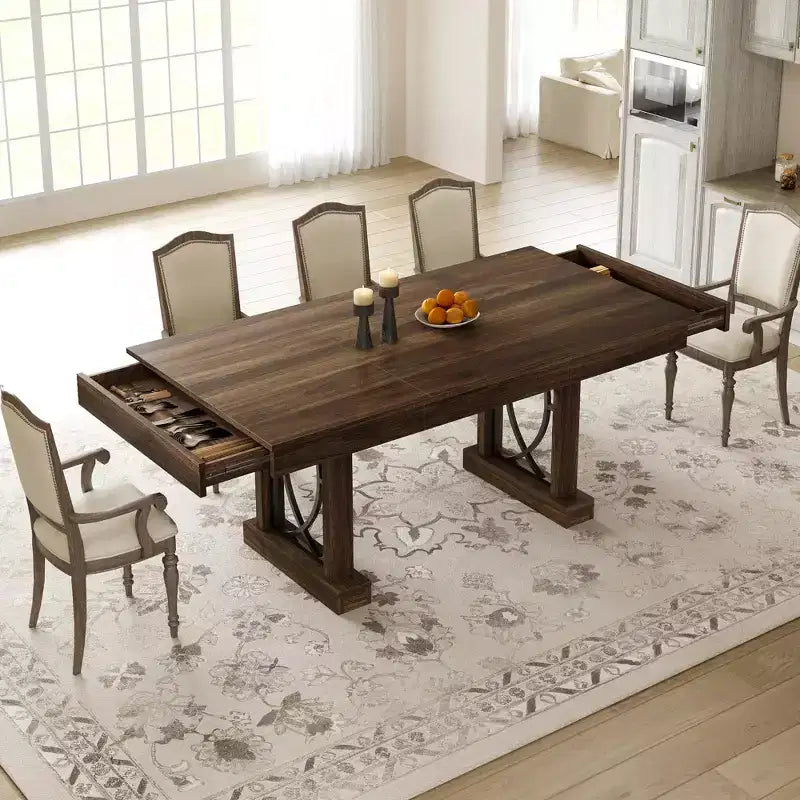 Table de salle à manger pour 6-8 personnes avec 2 tiroirs, Table de cuisine en bois avec double pied et grand plateau, Grande table à manger rectangulaire de 2,4 m avec cadre robuste