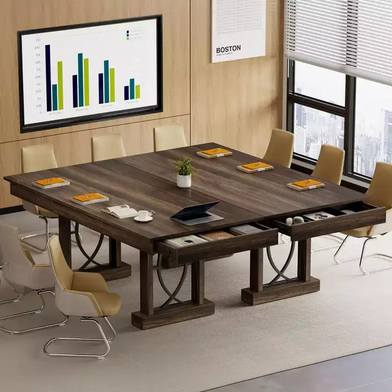 Table de salle à manger pour 6-8 personnes avec 2 tiroirs, Table de cuisine en bois avec double pied et grand plateau, Grande table à manger rectangulaire de 2,4 m avec cadre robuste