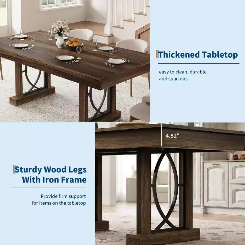 Table de salle à manger pour 6-8 personnes avec 2 tiroirs, Table de cuisine en bois avec double pied et grand plateau, Grande table à manger rectangulaire de 2,4 m avec cadre robuste