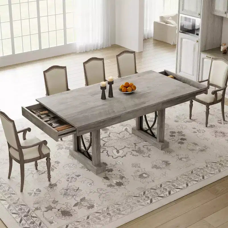 Table de salle à manger pour 6-8 personnes avec 2 tiroirs, Table de cuisine en bois avec double pied et grand plateau, Grande table à manger rectangulaire de 2,4 m avec cadre robuste