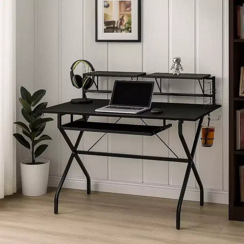 Bureau informatique Royal Hampton à cadre tubulaire en métal avec 2 étagères et porte-gobelet, noir