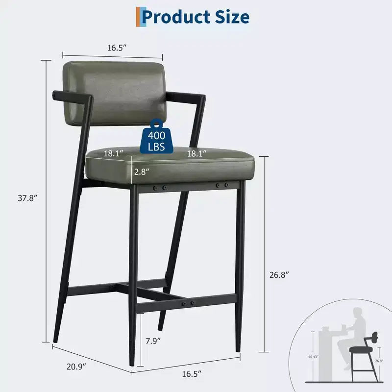 Lot de 2 tabourets de bar, chaises de bar hautes avec coussin épais et pieds en métal épais, tabourets de bar rembourrés hauteur comptoir avec dossier et repose-pieds