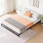 Cadre de lit plateforme en métal design vague avec lattes en acier, sommier bas, aucun sommier tapissier requis, assemblage facile pour petite chambre à coucher
