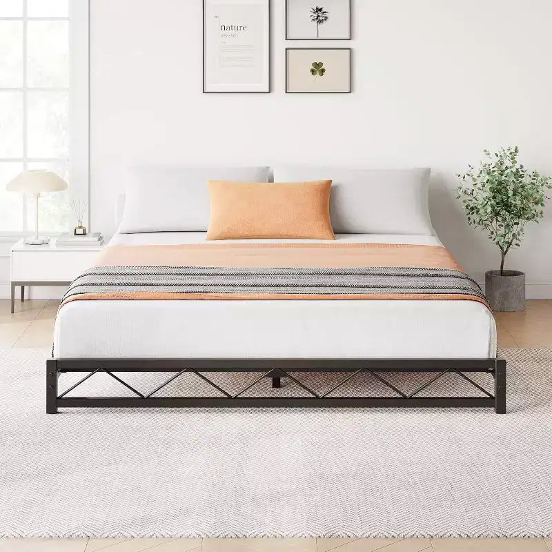 Cadre de lit plateforme en métal design vague avec lattes en acier, sommier bas, aucun sommier tapissier requis, assemblage facile pour petite chambre à coucher