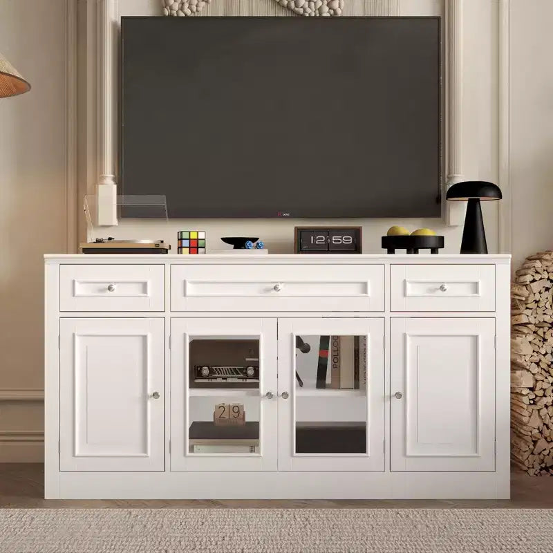 Meuble TV moderne Famapy avec portes en verre, console multimédia à 3 tiroirs avec gestion des câbles, meuble de rangement polyvalent pour salon