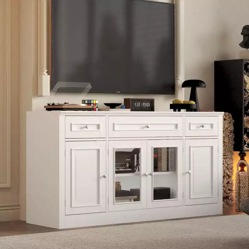 Meuble TV moderne Famapy avec portes en verre, console multimédia à 3 tiroirs avec gestion des câbles, meuble de rangement polyvalent pour salon