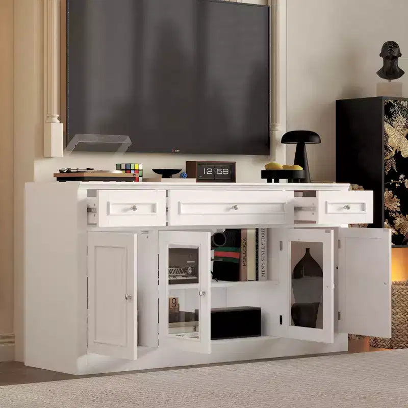 Meuble TV moderne Famapy avec portes en verre, console multimédia à 3 tiroirs avec gestion des câbles, meuble de rangement polyvalent pour salon