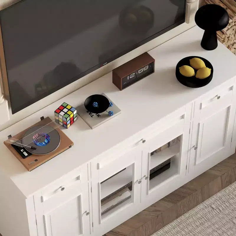 Meuble TV moderne Famapy avec portes en verre, console multimédia à 3 tiroirs avec gestion des câbles, meuble de rangement polyvalent pour salon