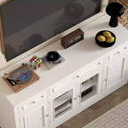 Meuble TV moderne Famapy avec portes en verre, console multimédia à 3 tiroirs avec gestion des câbles, meuble de rangement polyvalent pour salon