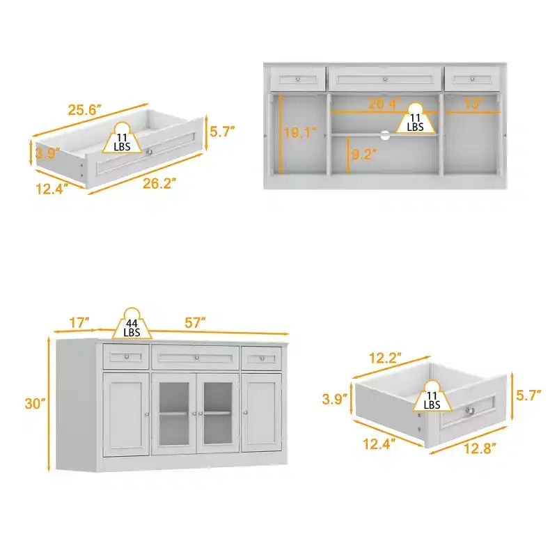 Meuble TV moderne Famapy avec portes en verre, console multimédia à 3 tiroirs avec gestion des câbles, meuble de rangement polyvalent pour salon