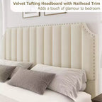 Lit californien en velours avec tête et pied de lit capitonnés à canaux verticaux de 50,2 po, garniture cloutée, lit plateforme rembourré