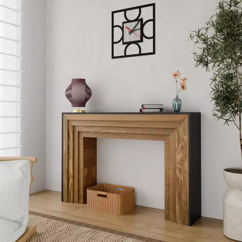Console d'entrée étroite moderne en bois avec plateau noir grain de bois, table d'appoint mince pour couloir ou derrière le canapé - Panipeachy