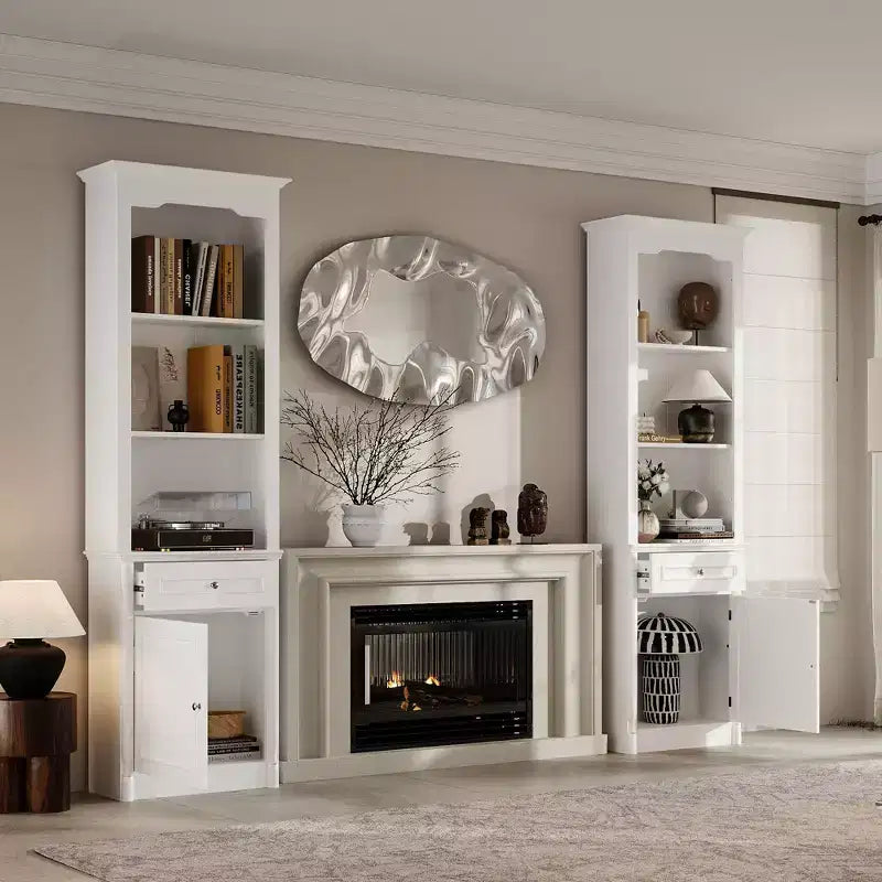 Famapy Ensemble d'armoires de rangement élégantes de 210 cm de haut, 2 vitrines latérales pour cheminée, étagère bibliothèque avec étagères ouvertes et tiroir pour salon