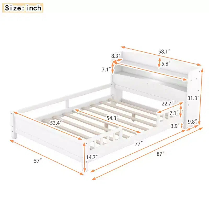 Lit plateforme grand format avec lumière LED intégrée et étagères de rangement dans la tête de lit, cadre de lit plateforme avec barrière de sécurité, aucun sommier tapissier requis