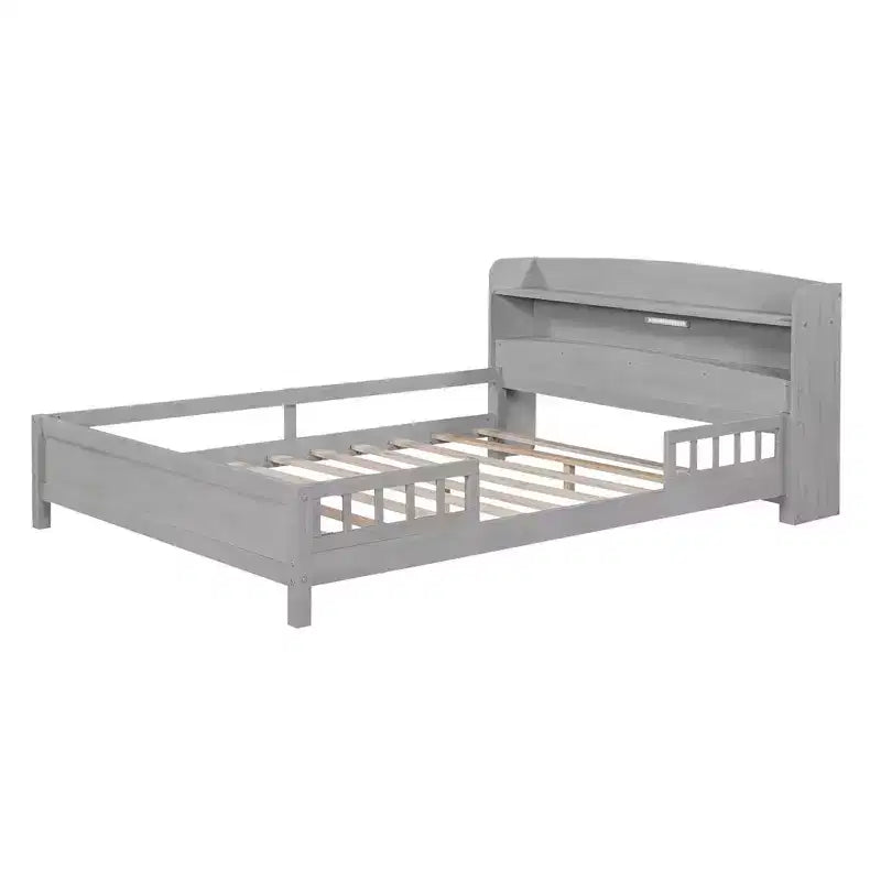 Lit plateforme grand format avec lumière LED intégrée et étagères de rangement dans la tête de lit, cadre de lit plateforme avec barrière de sécurité, aucun sommier tapissier requis