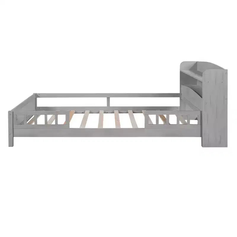 Lit plateforme grand format avec lumière LED intégrée et étagères de rangement dans la tête de lit, cadre de lit plateforme avec barrière de sécurité, aucun sommier tapissier requis