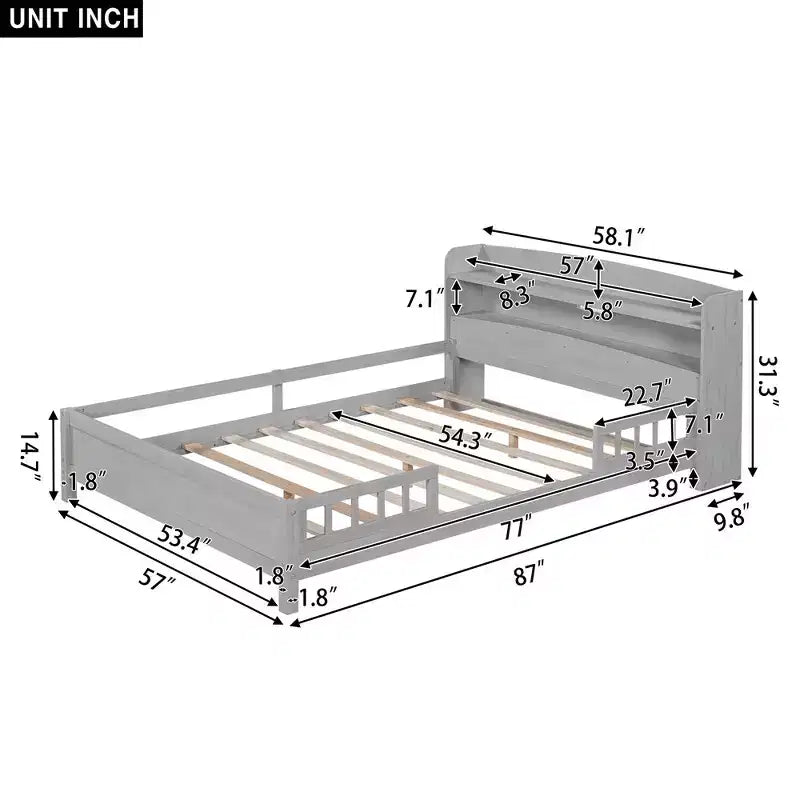 Lit plateforme grand format avec lumière LED intégrée et étagères de rangement dans la tête de lit, cadre de lit plateforme avec barrière de sécurité, aucun sommier tapissier requis