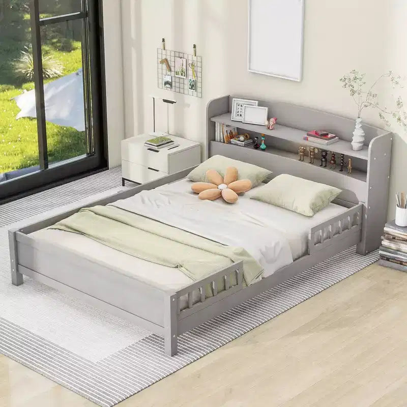 Lit plateforme grand format avec lumière LED intégrée et étagères de rangement dans la tête de lit, cadre de lit plateforme avec barrière de sécurité, aucun sommier tapissier requis